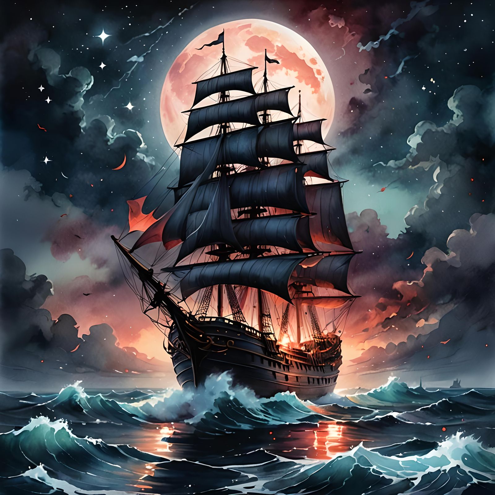 Ghost Ship Under Blood Moon: Mystical Watercolor