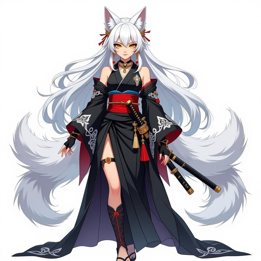 Anime Kitsune Admiral in Black Kimono with Katana