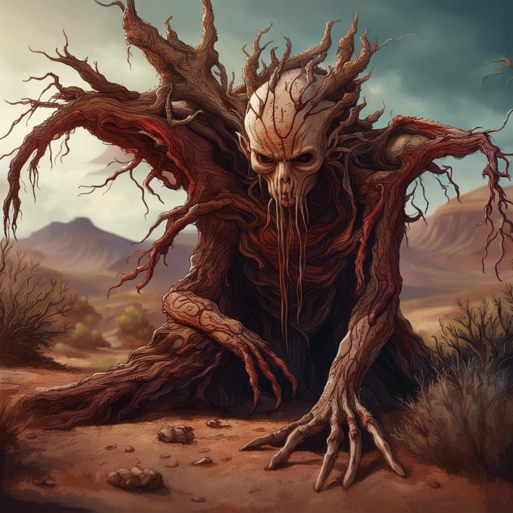 Wooden Desert Creature with Bloody Roots