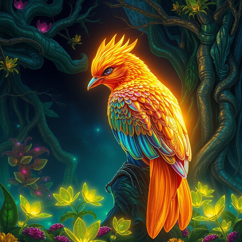 Mystical Golden Bird in Neon Fantasy Realm