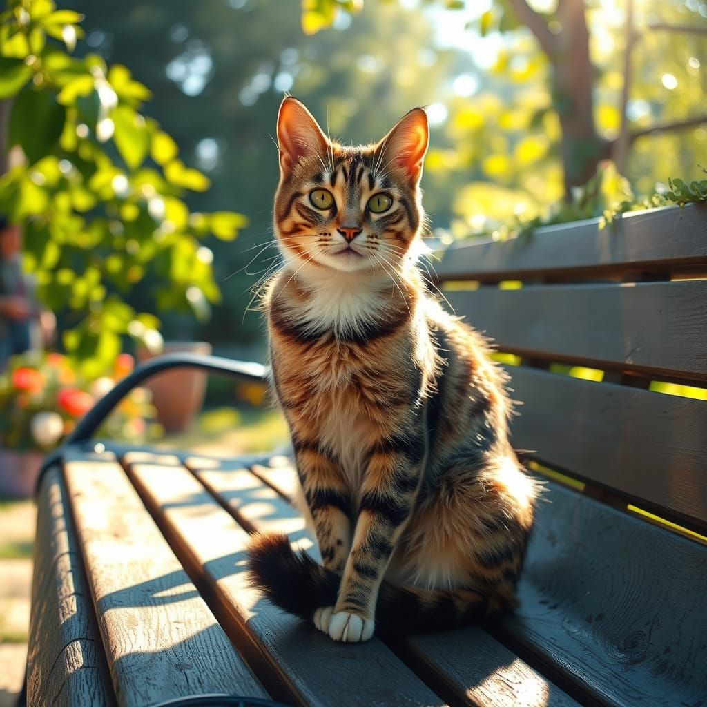 Impressionist Cat on Garden Bench