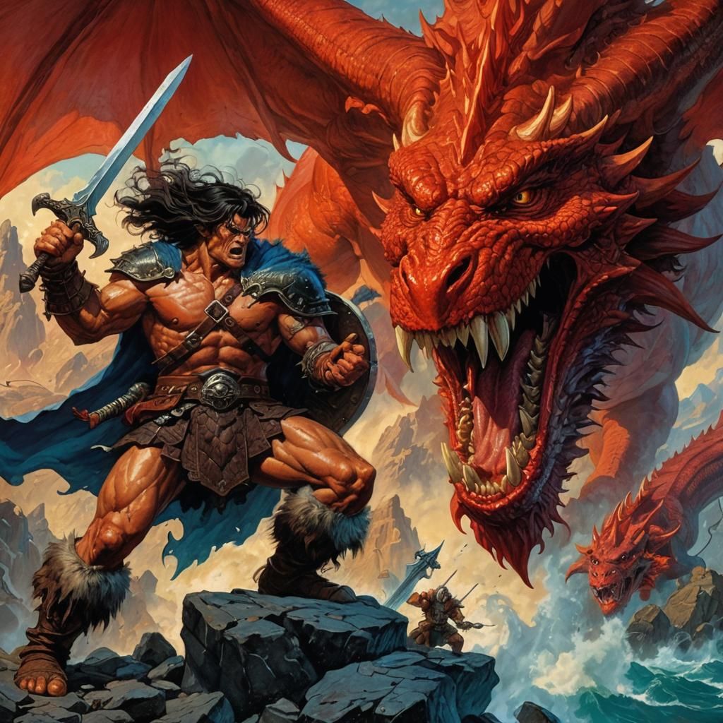 Barbarian Battles Red Dragon: Classic D&D Artwork