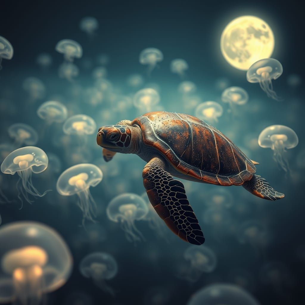 Sea Turtle's Moonlit Glide Through Jellyfish Bloom