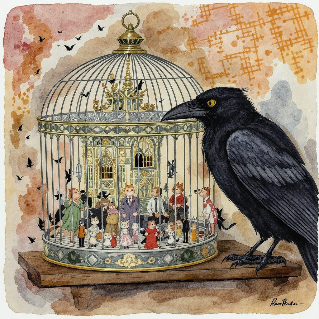 Miniature Manhattan in Birdcage, Whimsical Art