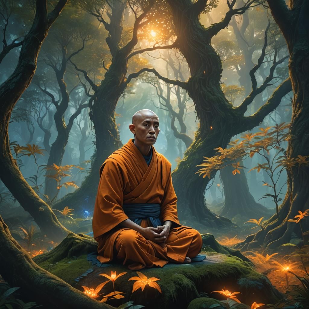 Serene Monk Meditating in Glowing Forest