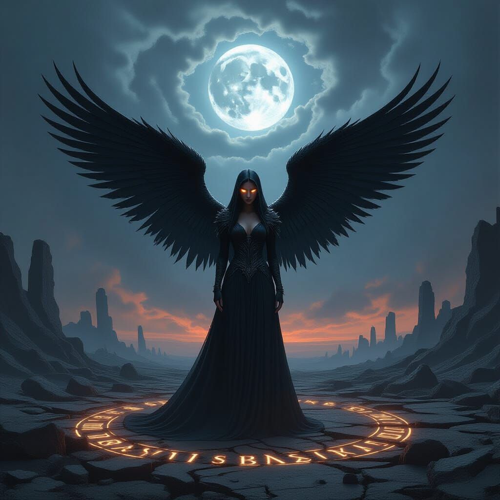 Angel on Battlefield with Obsidian Wings and Rune-Etched Ear...