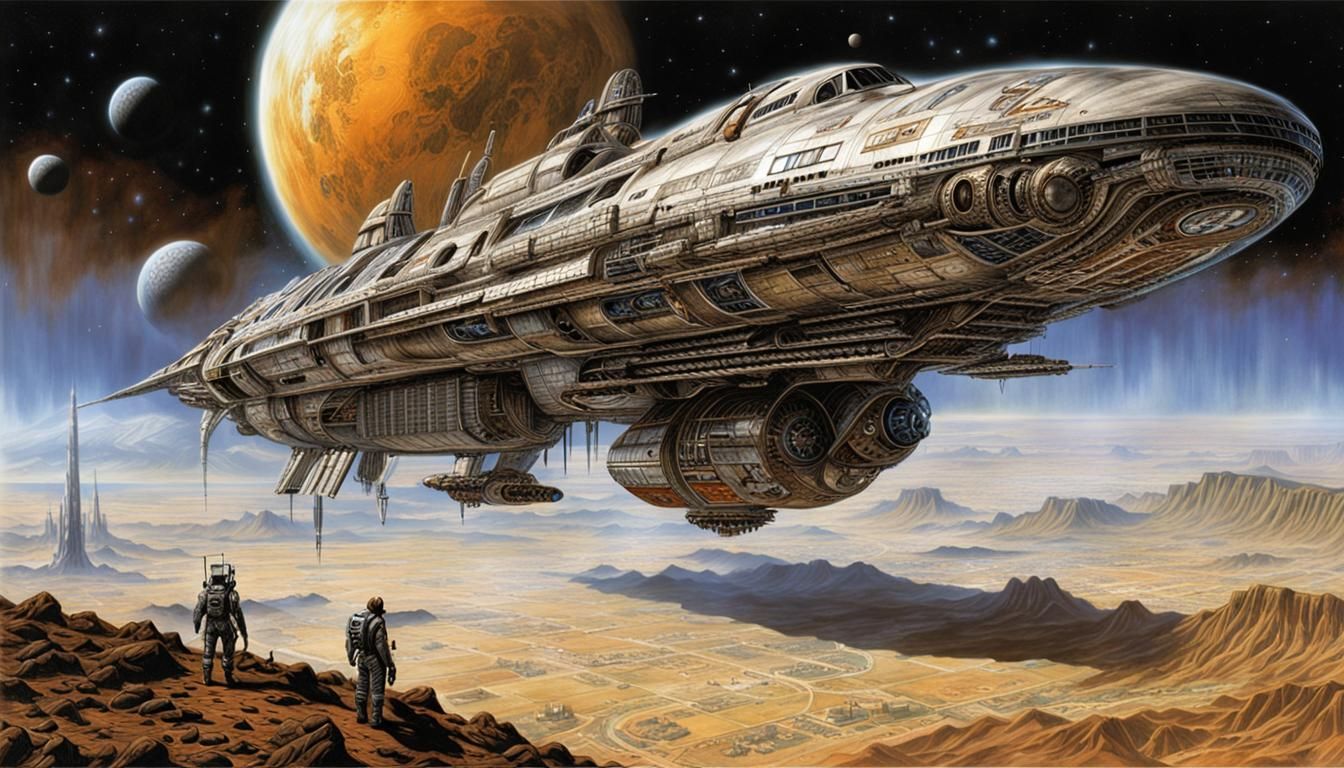 Cyberpunk Spaceship over Alien Planet