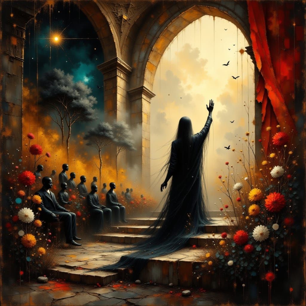 Author on Stage Waving, in Surreal Oriental Style