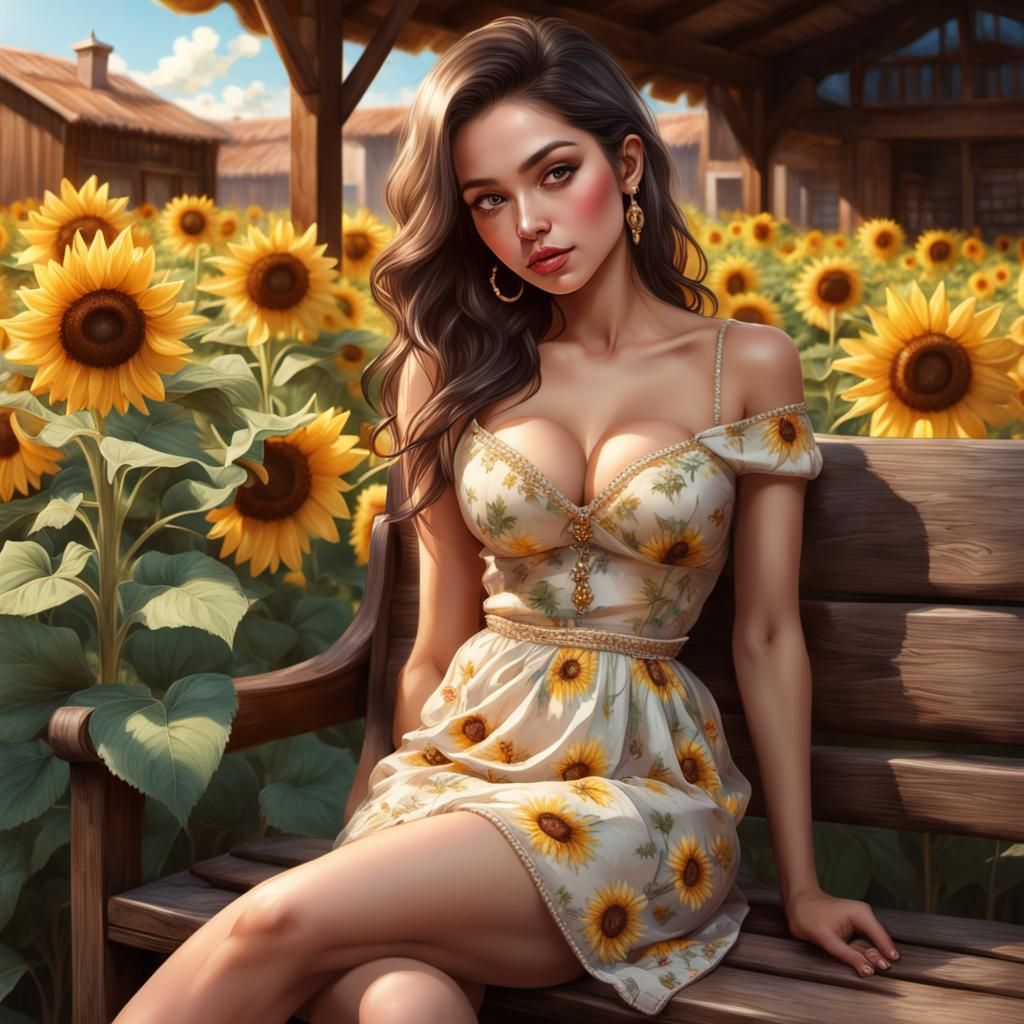 Latina Woman Reading in Sunflower Marketplace, Oil Painting