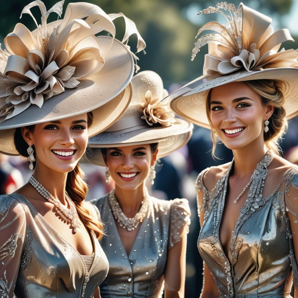 Glamorous Women in Extravagant Hats at a Luxury Horse Racing...