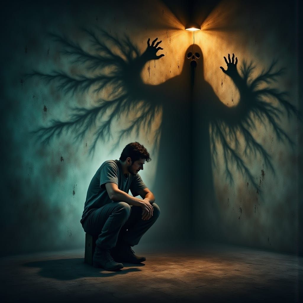 Man's Shadow Warped into Monster Symbolizing Internal Strugg...