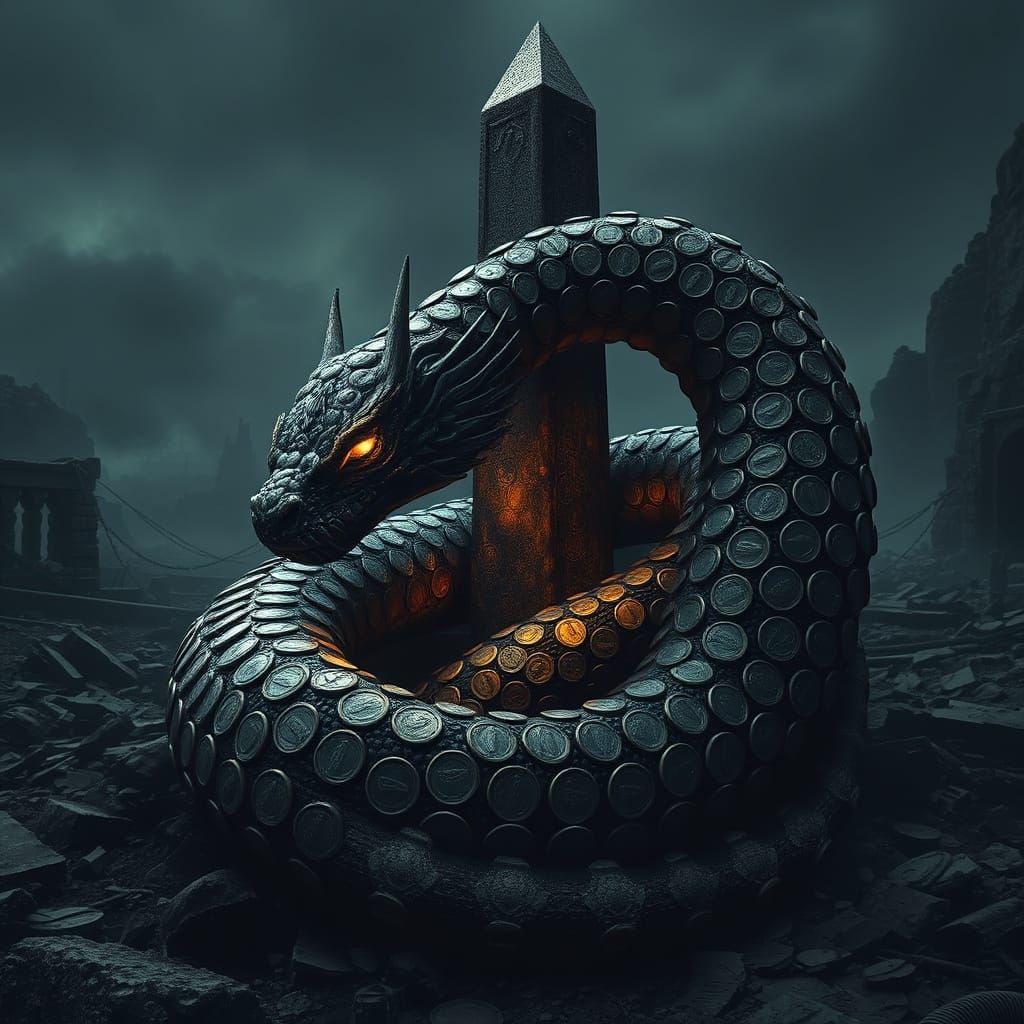 Mythical Coin Serpent on Ancient Obelisk in Dark Fantasy