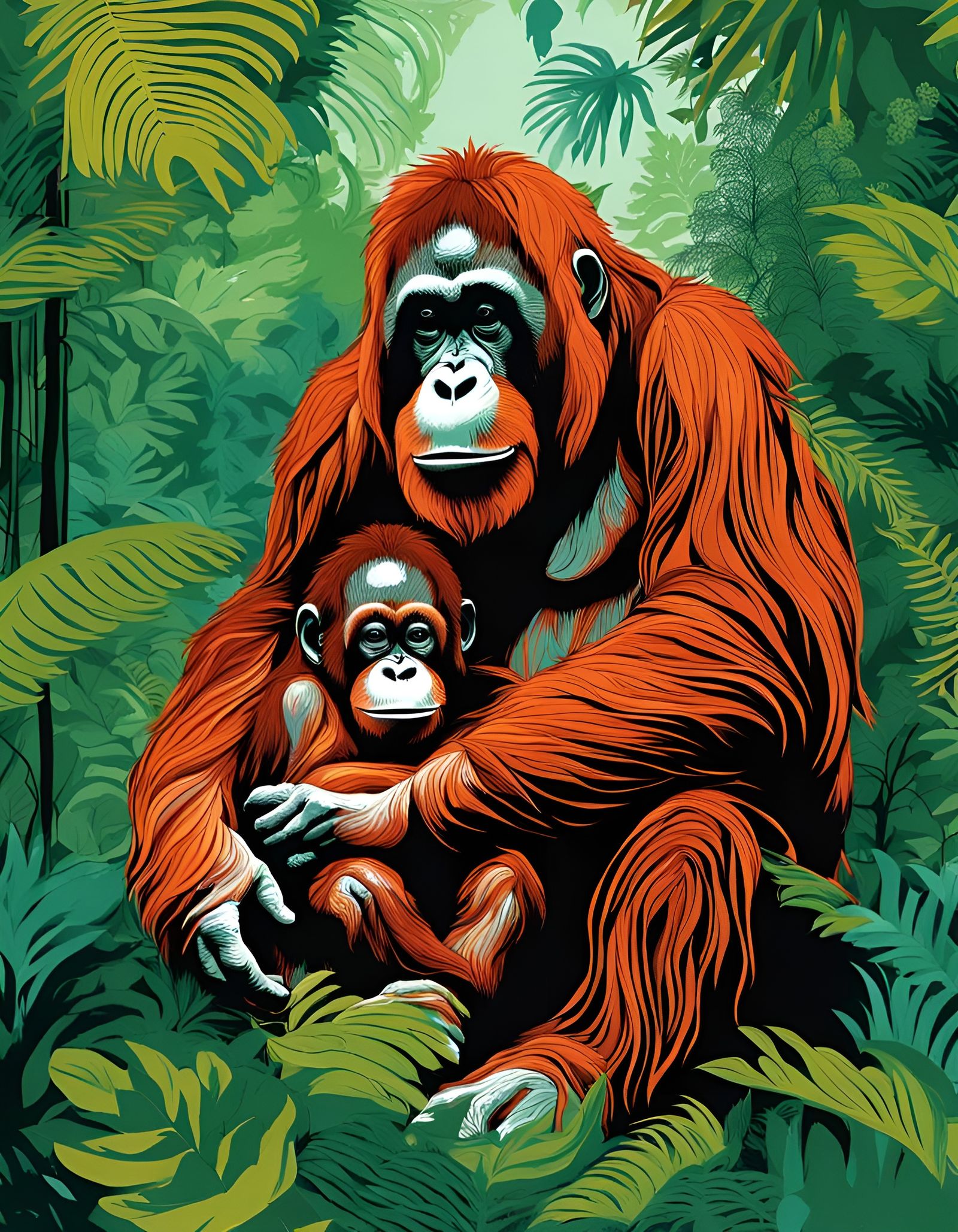 Orangutan Mother and Baby in Jungle, Abstract Art