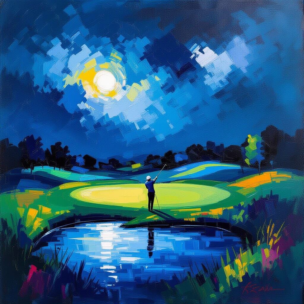Golfer on Expressive Golf Course in Kandinsky Style