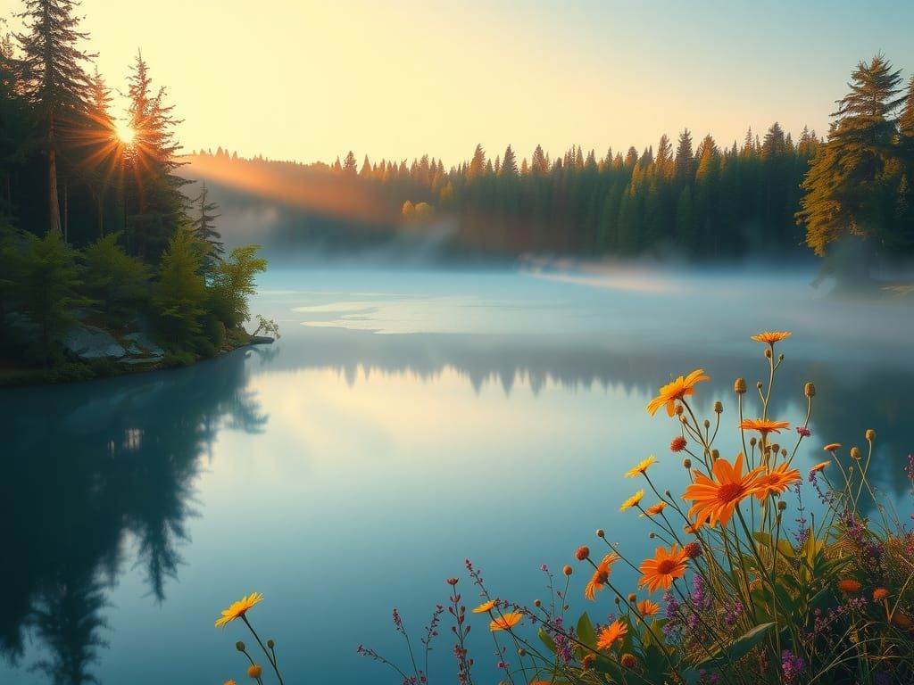 Tranquil Dawn: Serene Lake and Forest Landscape