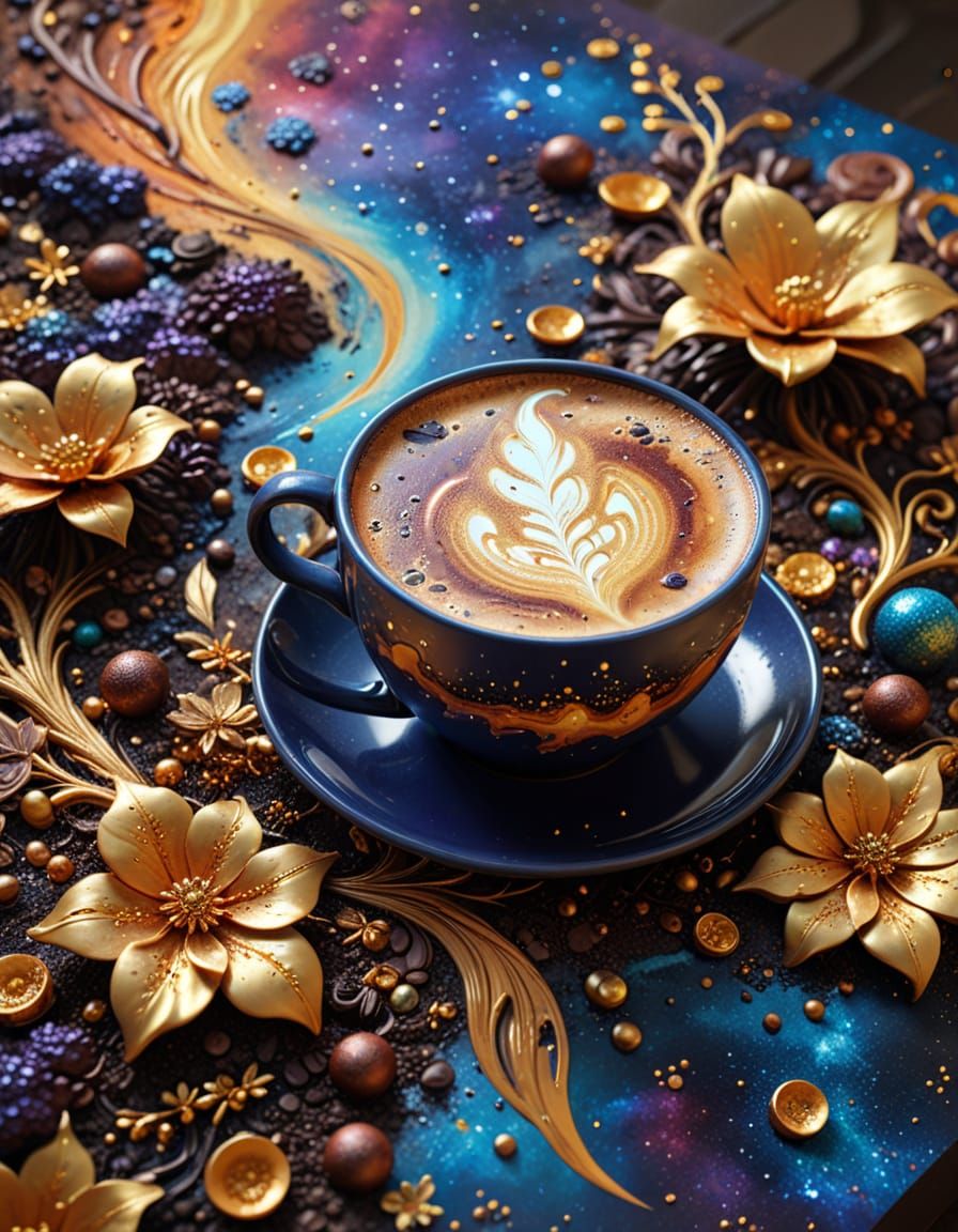 Cosmic Coffee & Chocolate Sculpture in Vibrant Oil Painting