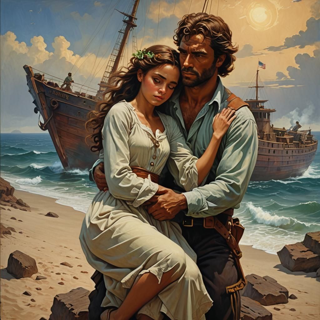 Romantic Shipwreck Painting on Desert Island