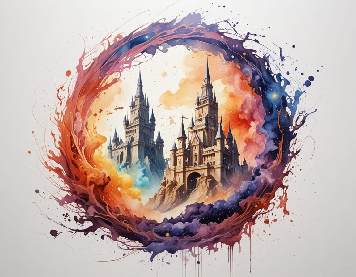 Ancient Castle in Cosmic Nebula, Ethereal Light