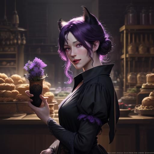 Cute Black Cat with Purple Ears in Bakery