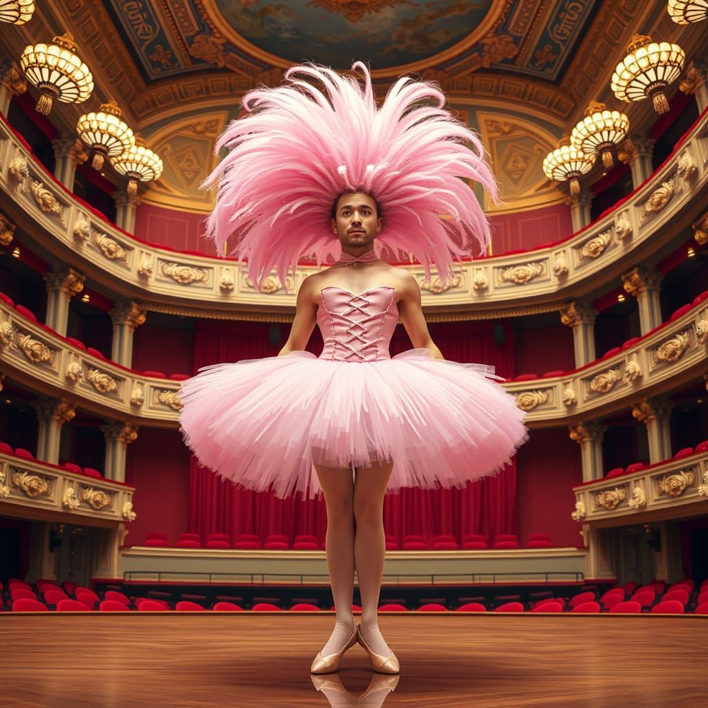 Hairy Man in Pink Tutu on Stage, Whimsical Art
