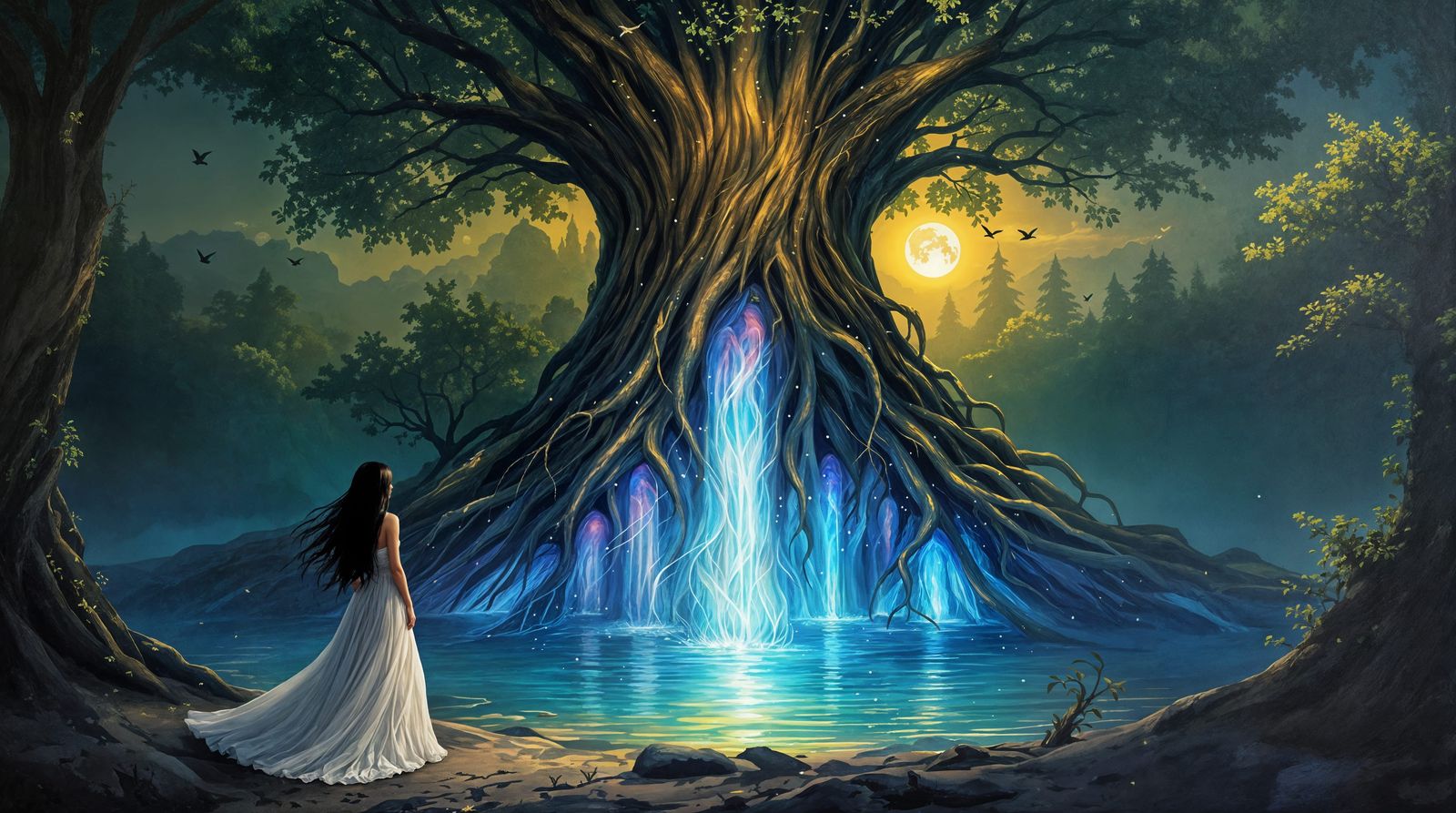 Enchanted Forest Goddess Under Golden Moonlight