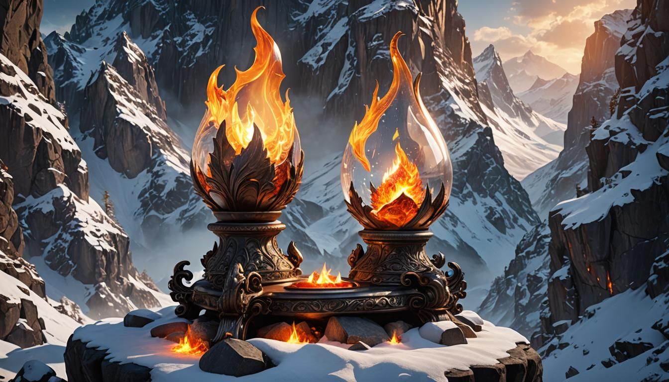 Glass Lamp with Flame on Snowy Mountain