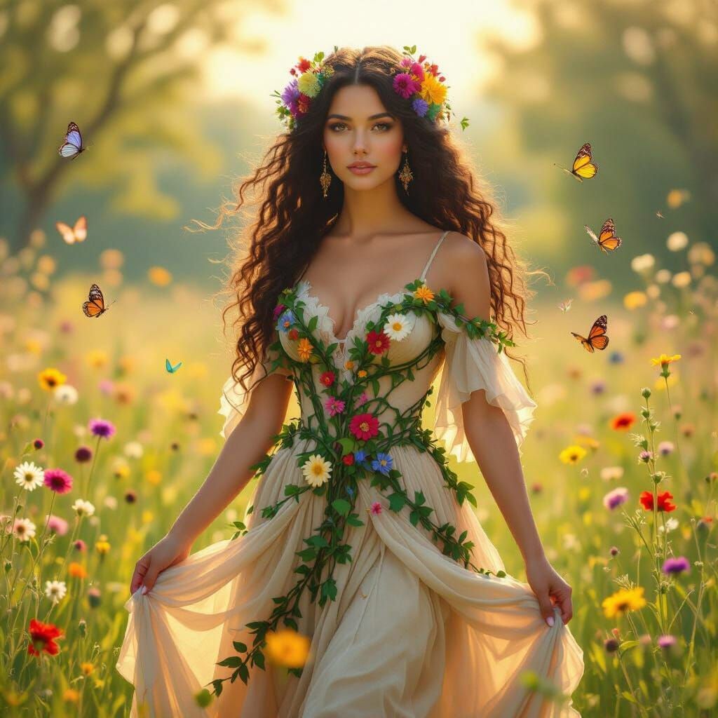 Woman in Wildflower Meadow, Pre-Raphaelite Style