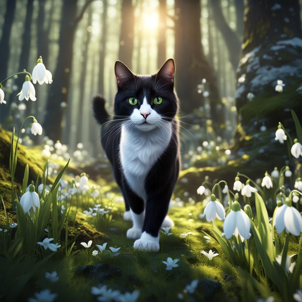 Black and White Cat in Sunlit Spring Forest