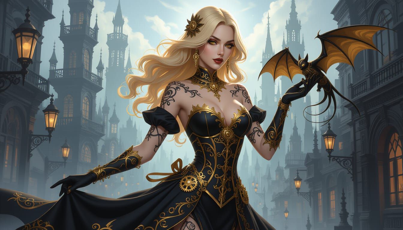 Striking Woman in Gaslit Steampunk City