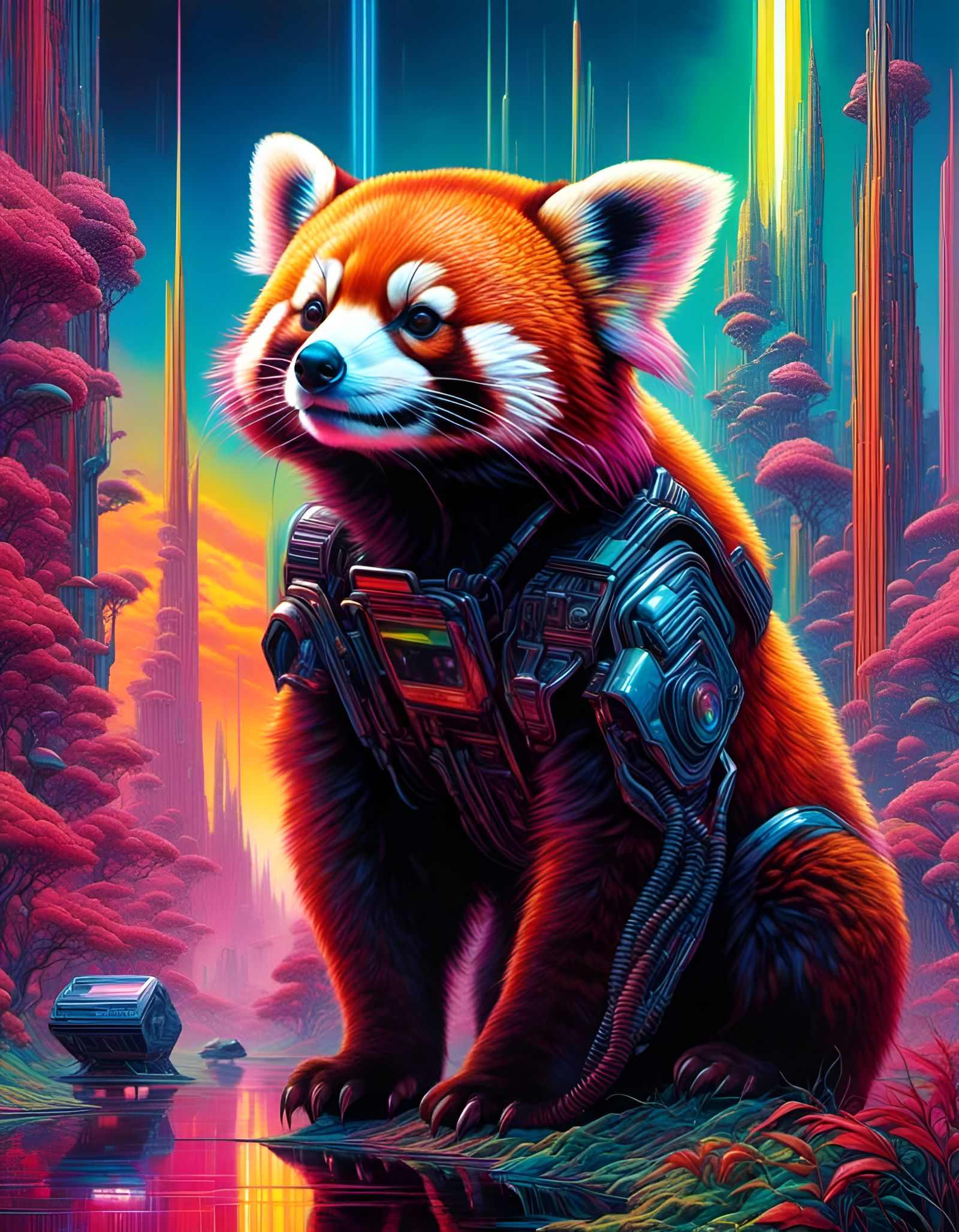 Red Panda in Sci-Fi Synthwave Retrowave Style