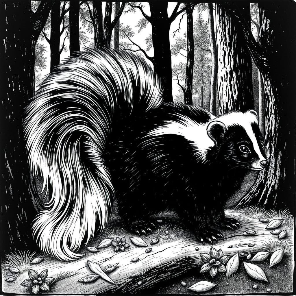 Surrealist Ink Drawing of a Skunk in a Forest
