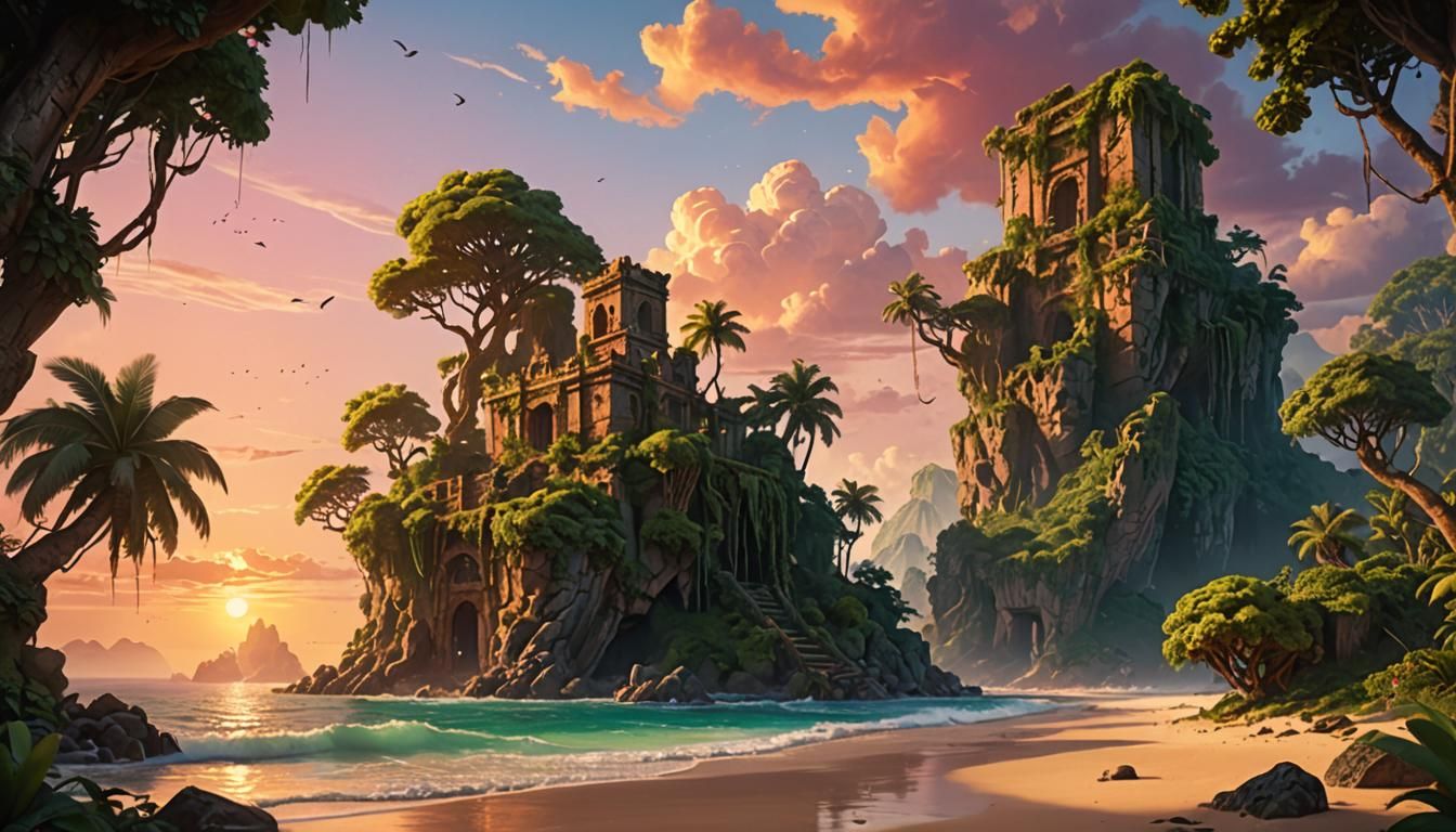 Lost Island Ruins at Sunset: Fantasy Matte Painting