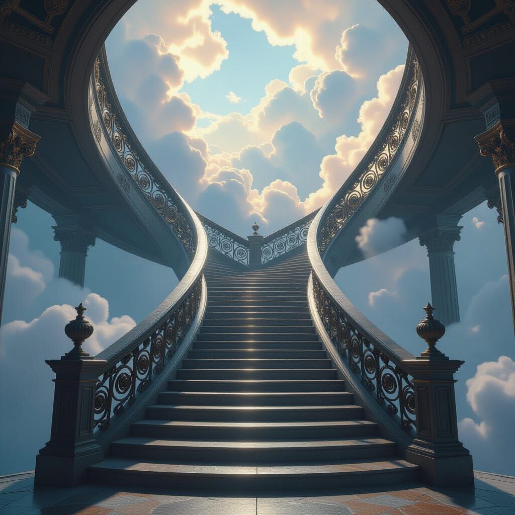 Colossal Staircase Spiraling Into Ethereal Clouds