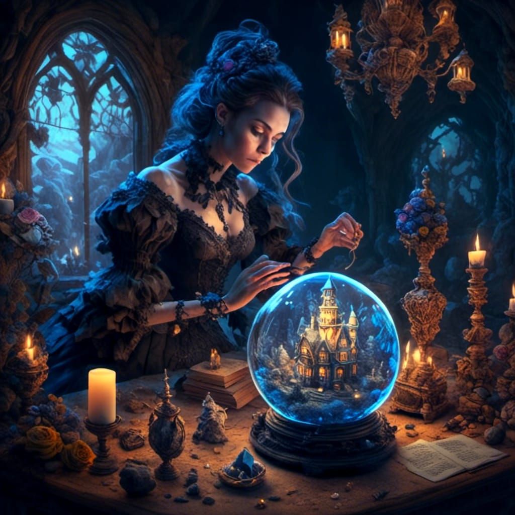 Gothic Witch Gazing into Crystal Ball