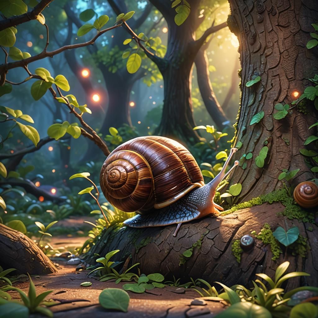 Snail Climbing Tree: Pixar-Style 3D Rendering