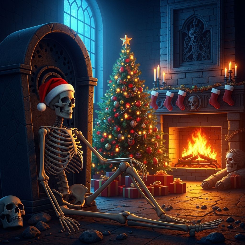 Skeleton Christmas in Crypt with Fireplace