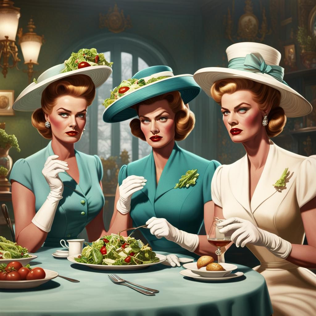Elegant 1950s Women Eating Salad