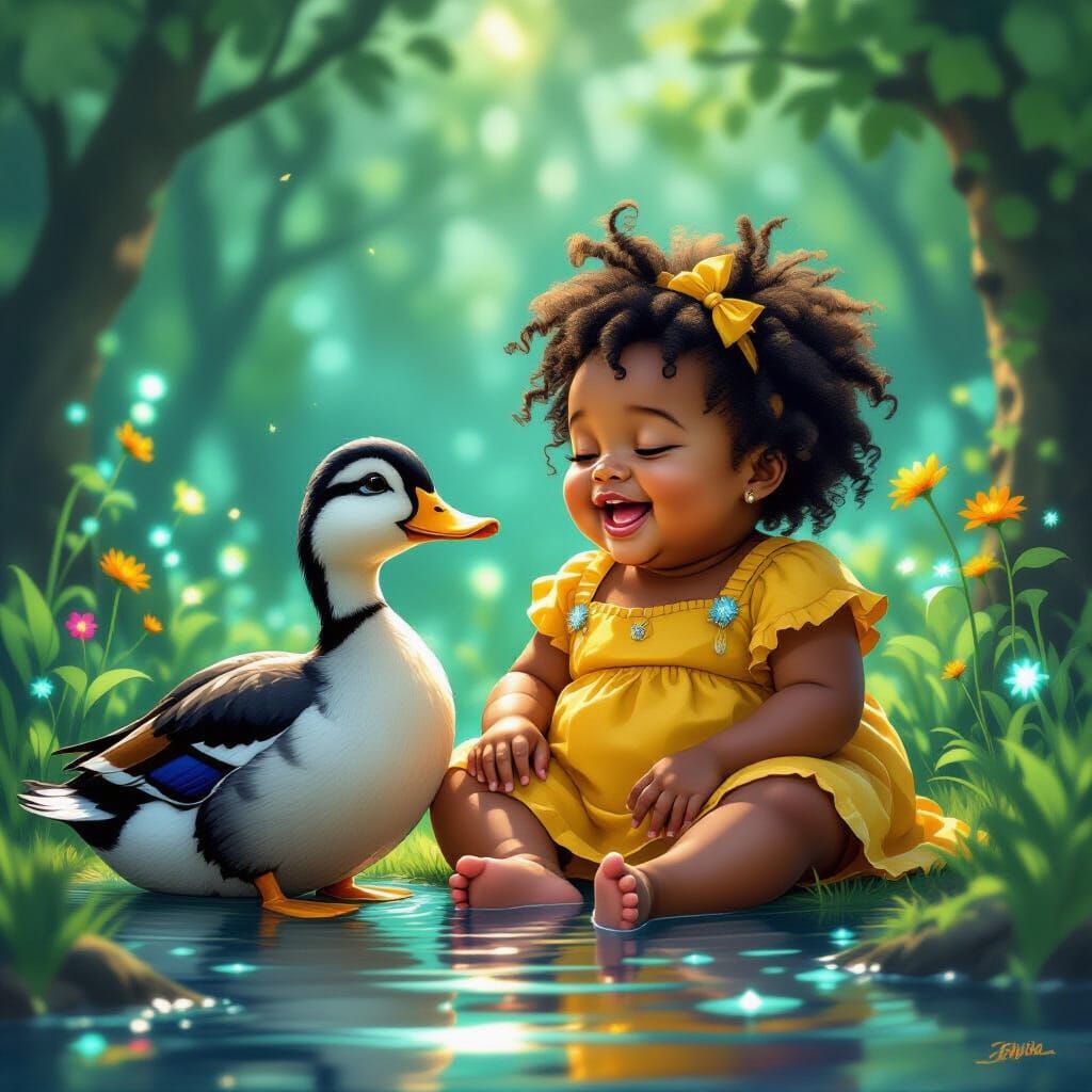 Girl and Ancient Duck in Bioluminescent Grove