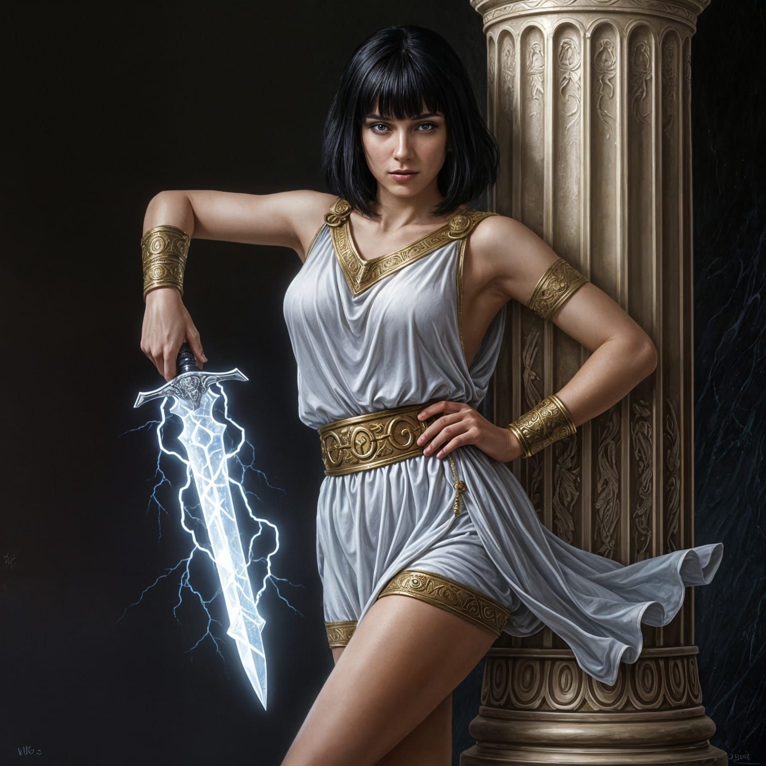Woman with Luminous Dagger in Fantasy Oil Painting