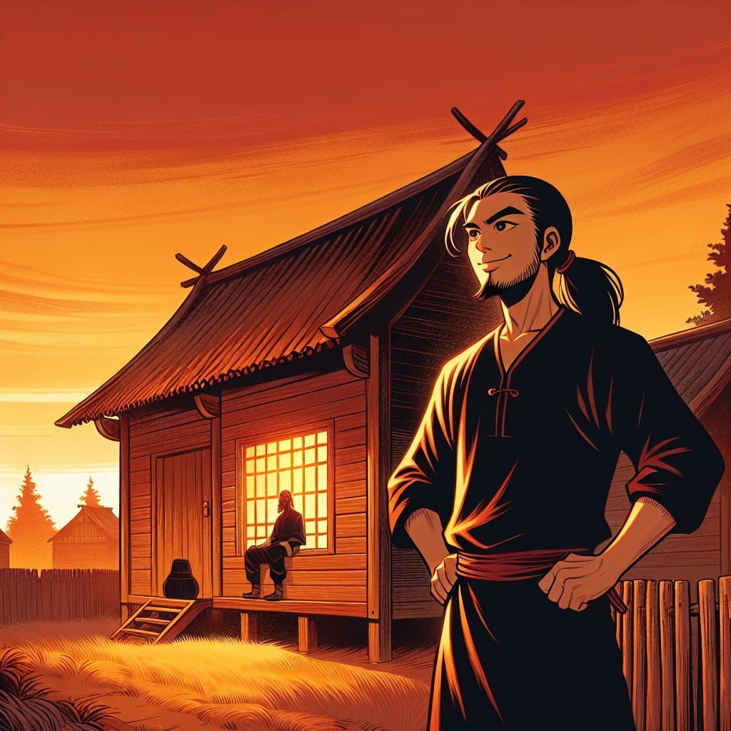 Ancient China Dusk: Man and Newly Built Home