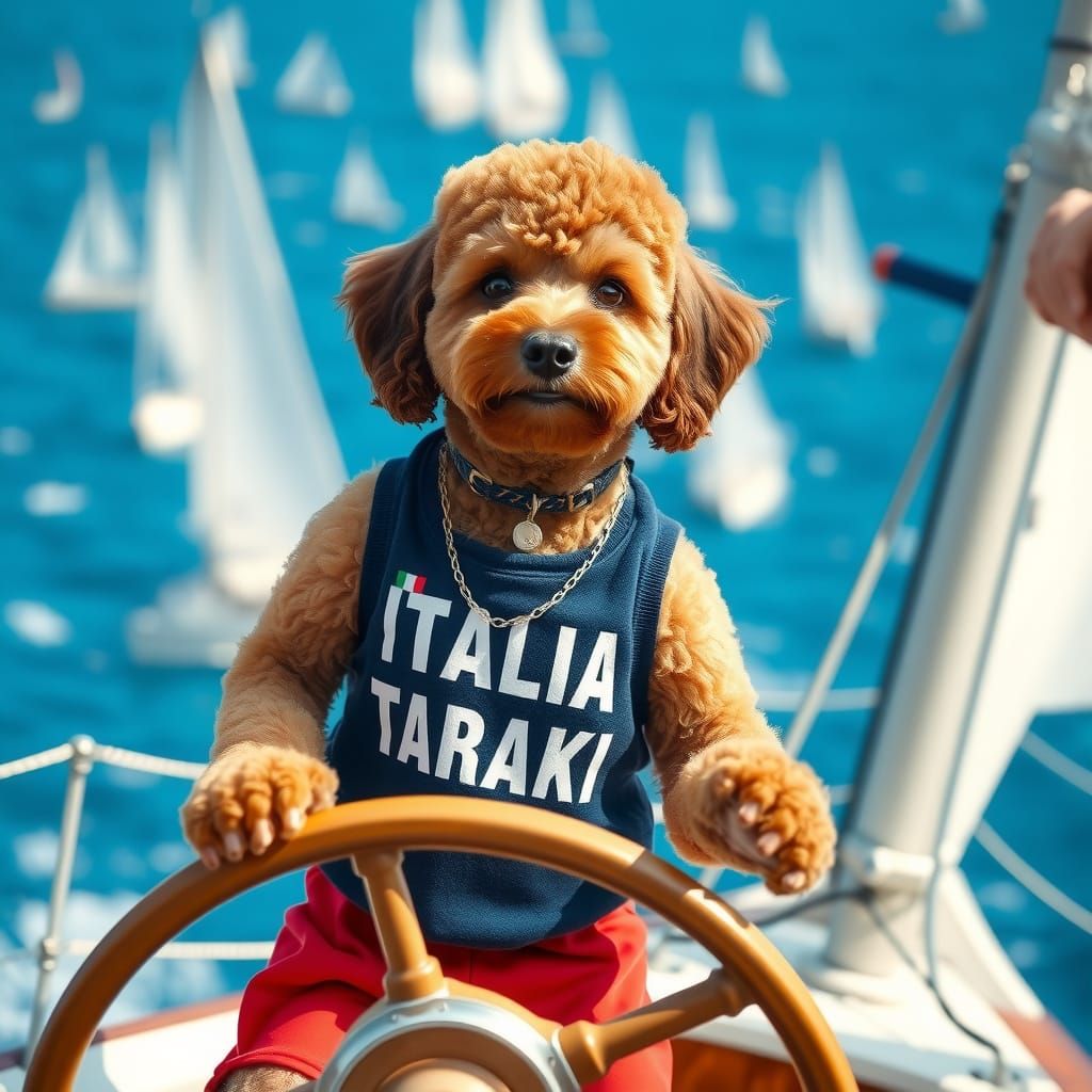 Poodle Captain at Helm of Sailboat in Italia Outfit