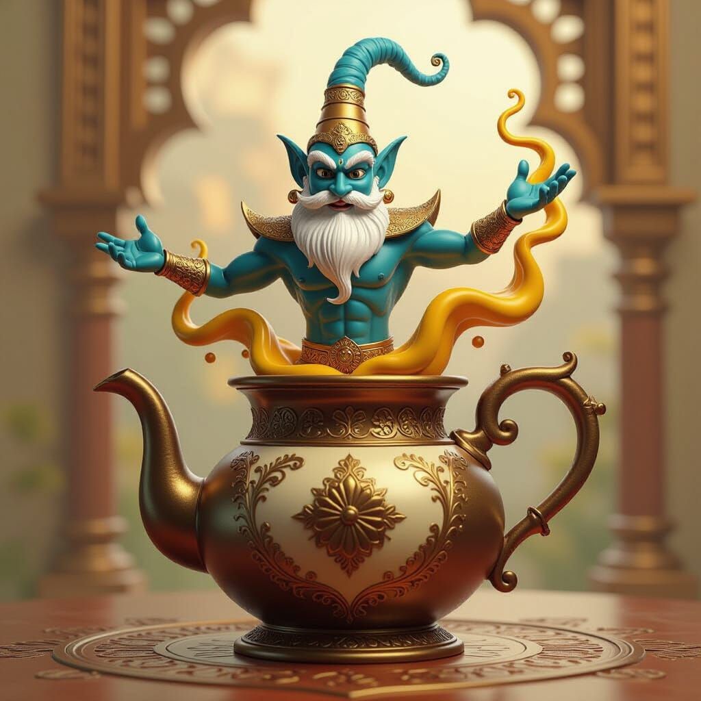 Bronze Genie Emerging From Coffee Pot