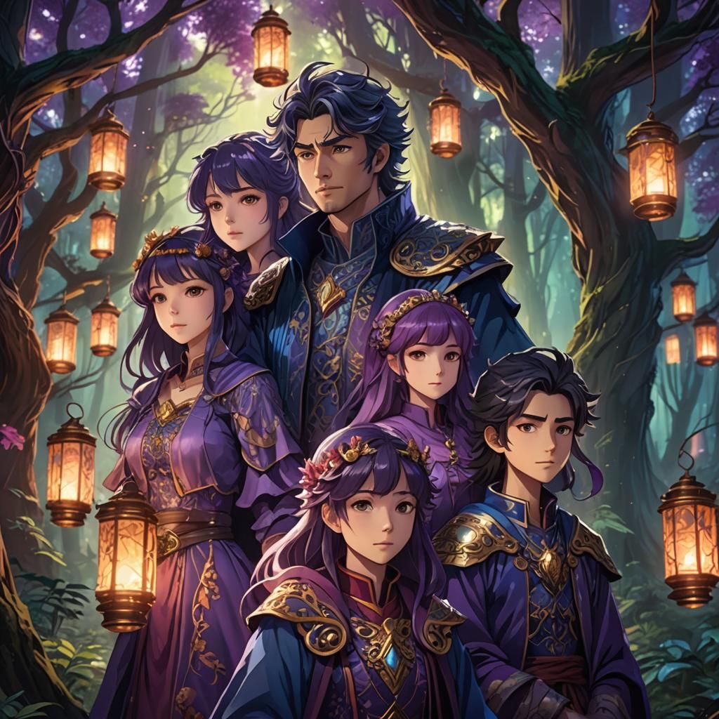 Anime Portrait: Fantasy Family in Mystical Forest