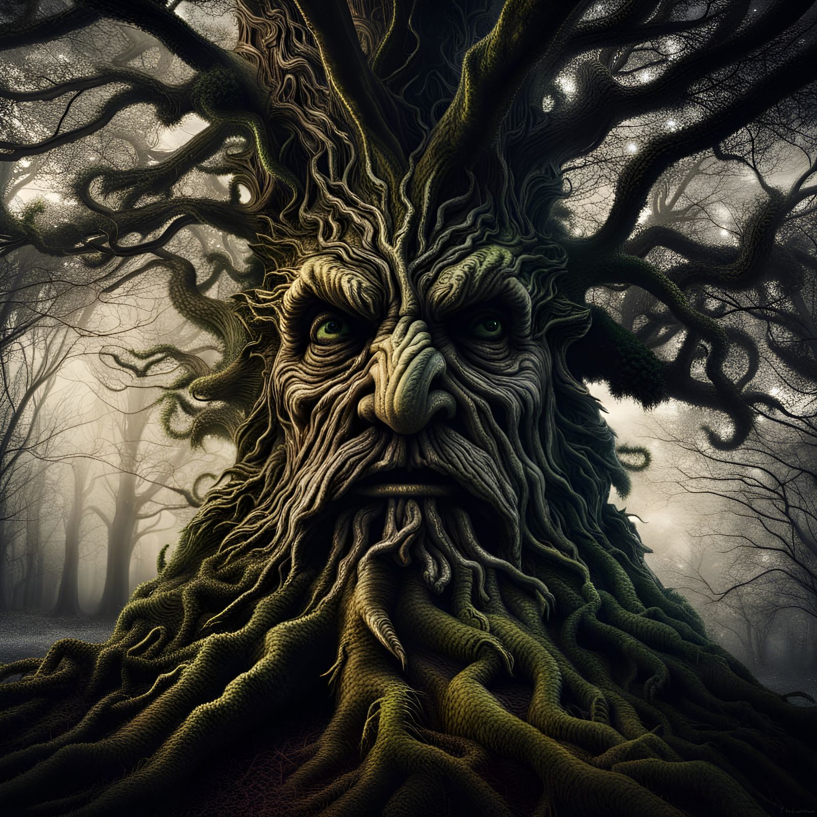 Hyperrealistic Treebeard Christmas Tree in Moody Woods