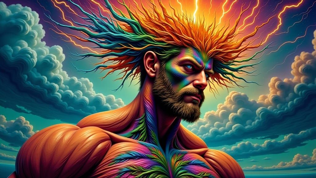 Fractal Faced Man with Rainbow Moss Impasto Portrait