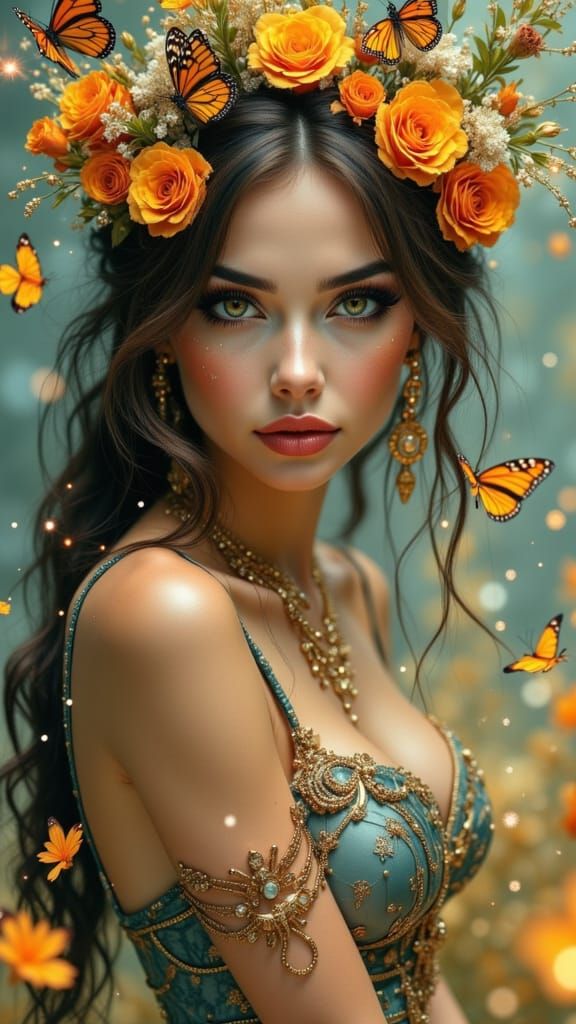 Steampunk Cyberpunk Pin-Up Model in Tropical Haven