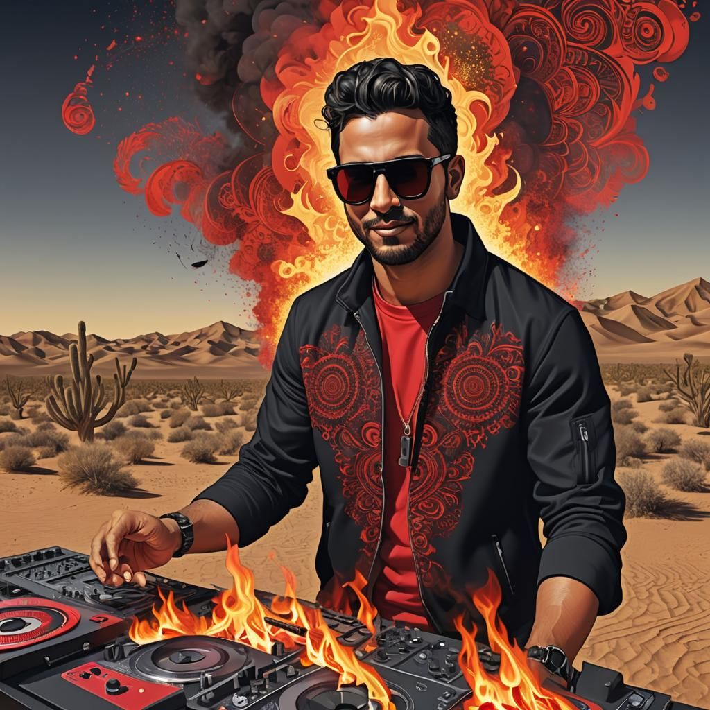 Hispanic DJ Performing at Desert Bonfire, Abstract Art
