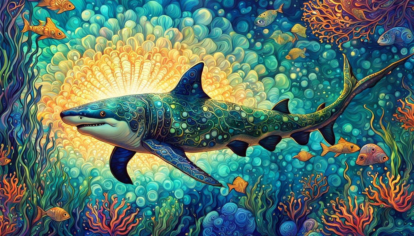 Merman Rides Hammerhead Shark in Vibrant Cosmic Aquatic Scen...