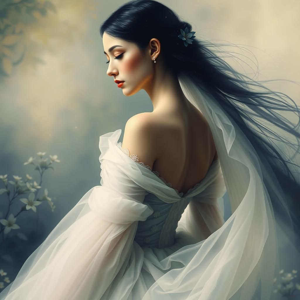 Elegant Bride in Art Nouveau Garden Illustration