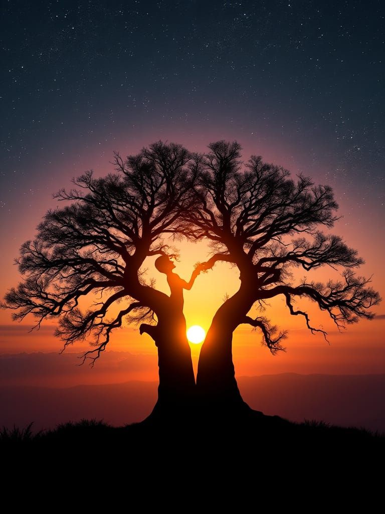 Love Unites Two Silhouetted Faces Under Starry Sunset Sky